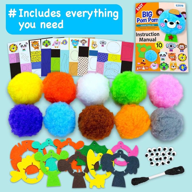 EZCRA Big Pom Pom Animal Craft Kit for Kids Ages 4-6 - DIY Pom Pom Crafts for Girls Boys Toddlers - Make 10 Plush Animals - Mess Free Arts and Crafts Kit - Image 3